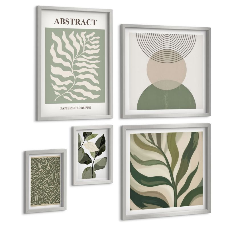 Galeria 5 Obrazów ArtPrintCave (2x50x50+2x20x30+40x60cm) Srebrna rama Liście geometryczne kształty abstrakcja 1 kpl.