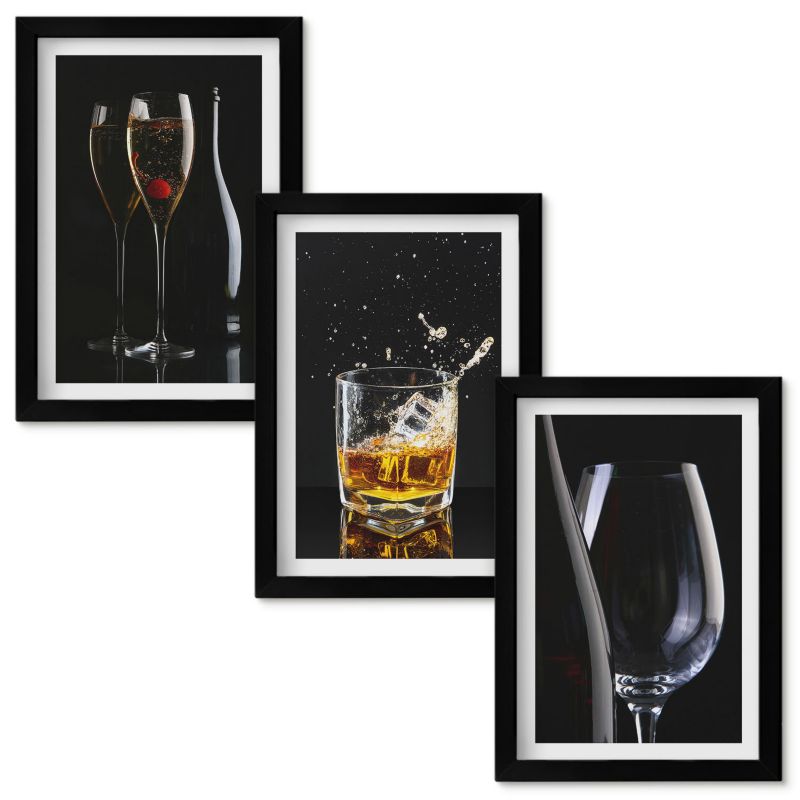 Obrazy do Salonu Wallfluent Kieliszki wina whisky tło czarne Czarna rama 20x30cm 3 szt.