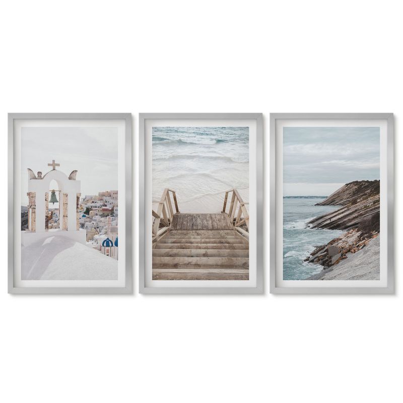 Zestaw 3 obrazów w srebrnych ramach Tulup 40x60 cm Morze architektura Santorini Obrazy do kuchni w ramie 1 kpl