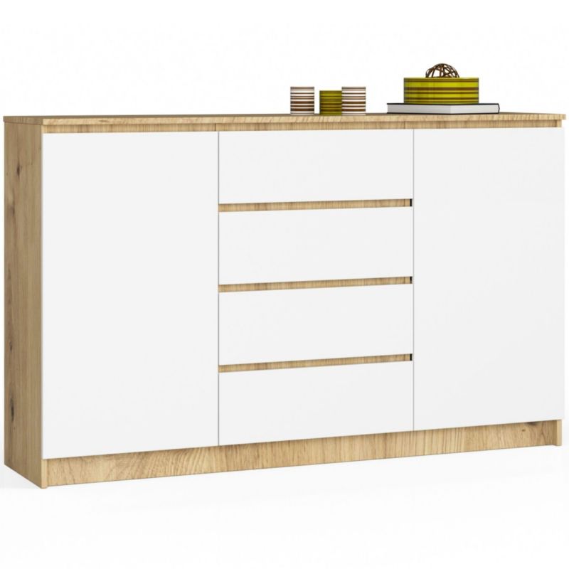 Komoda Akord K160 Dąb Artisan 160 cm 2 drzwi 4 szuflady kolor Biały mat 4 półki 160x40x99 cm 1 szt.