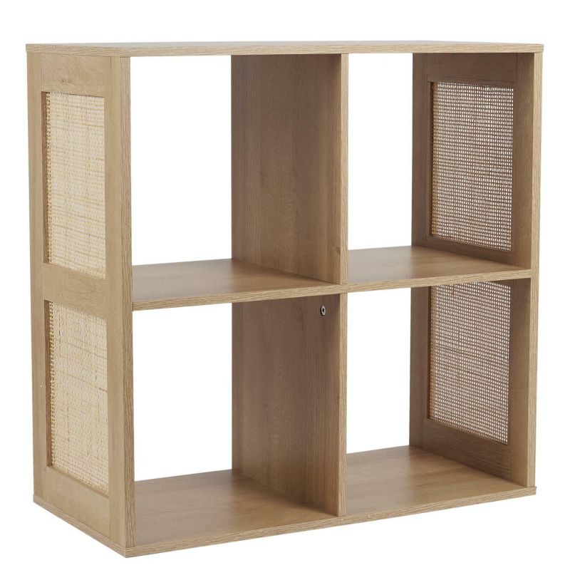 Regał na książki Kali 4 półki INTESI skandynawski rattan i MDF naturalny do salonu i sypialni 1 szt.