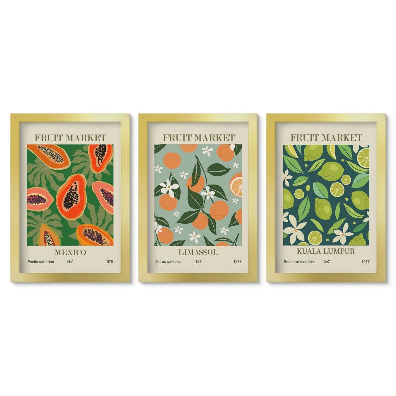 Zestaw 3 obrazów w złotej ramie Tulup 20x30 cm Owocowe vintage postery Małe obrazy do kuchni w ramie 1 kpl