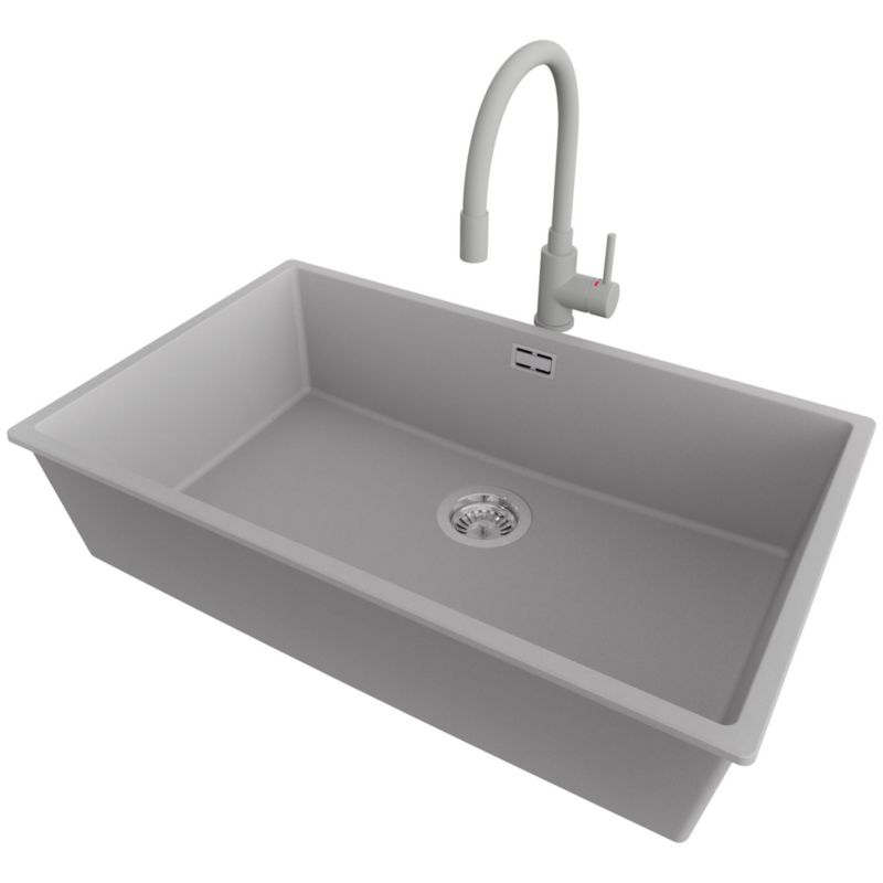 Zlewozmywak Granitowy Londyn Slim PRIMAGRAN Nablatowy 76x47cm do Szafki od 80cm, Szary + Bateria 38x14cm + Syfon, S507, 1 szt.