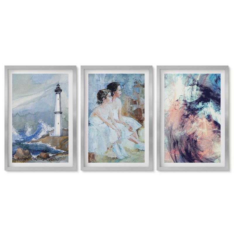 Tryptyk w srebrnej ramie Tulup 40x60 cm Latarnia morska abstrakcja tancerki Obrazy do kuchni w ramie 1 kpl
