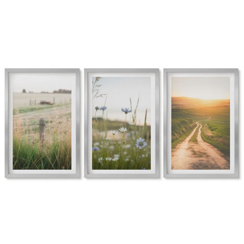Zestaw 3 obrazów w srebrnej ramie Tulup 40x60 cm Krajobrazy natury pola ścieżka Obrazy do kuchni w ramie 1 kpl