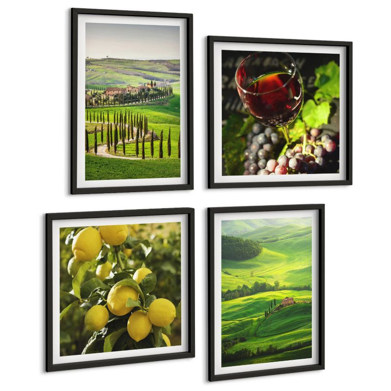 Zestaw 4 Obrazów ArtPrintCave (2x50x50+2x40x60cm) Czarna rama Włoskie krajobrazy cytrusy wzgórza 1 kpl.