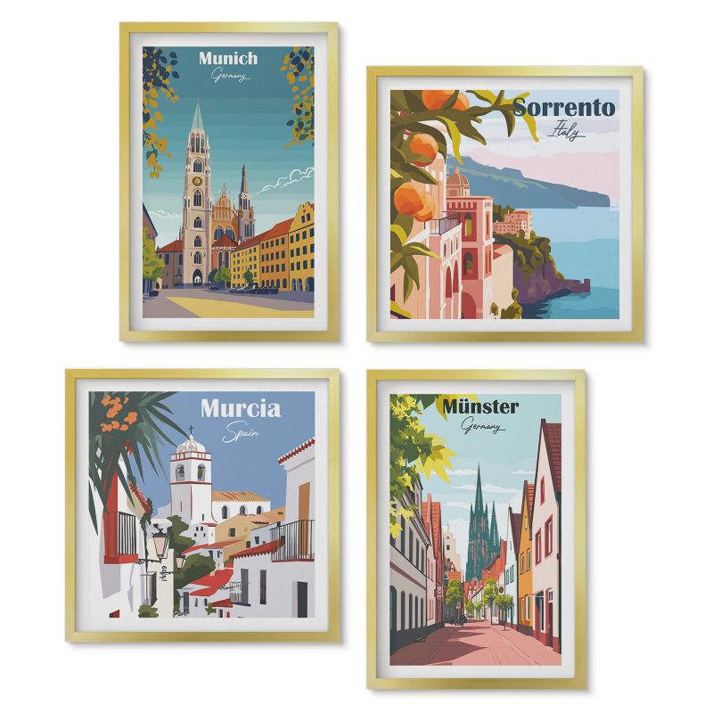 Komplet 4 obrazów w złotej ramie Tulup Miasta Europy kolorowe ilustracje Obrazy do kuchni w ramie 1 kpl