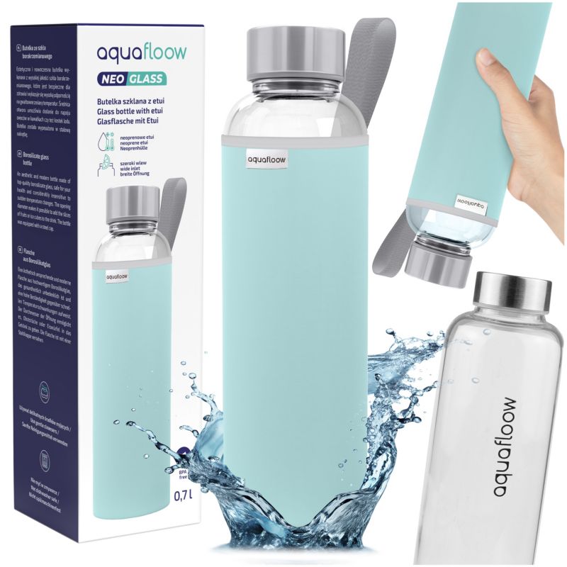 Butelka na wodę, AquaFloow, szklana, z neoprenowym etui, 700ml, bez BPA, szkło borokrzemowe, szczelna, jasnoniebieski, 1szt