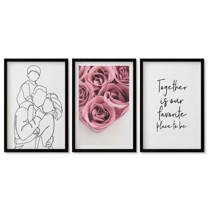 Zestaw 3 obrazów w czarnych ramach Tulup 40x60 cm Rodzina line-art bukiety róż Obrazy do kuchni w ramie 1 kpl