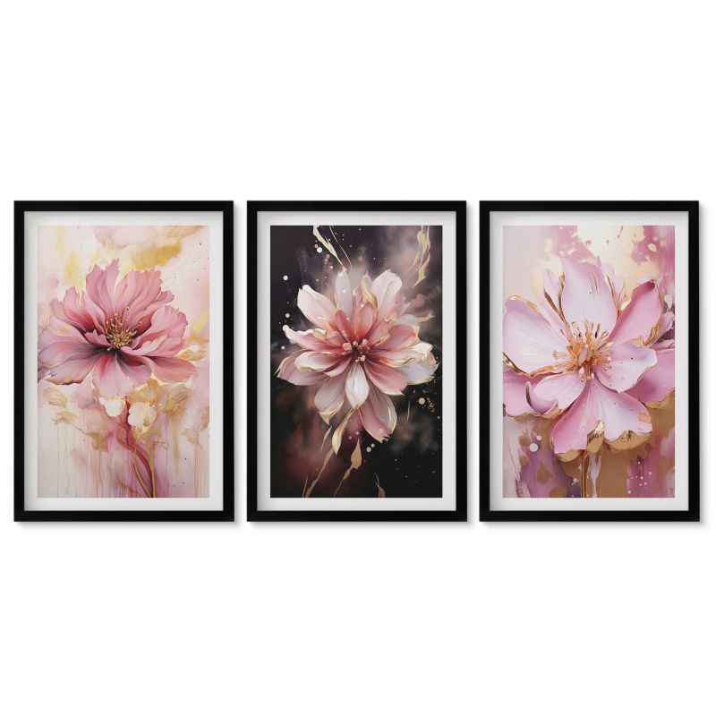 Zestaw 3 obrazów w czarnych ramach Tulup 40x60 cm Kwiatowe kompozycje róż i biel Obrazy do kuchni w ramie 1 kpl