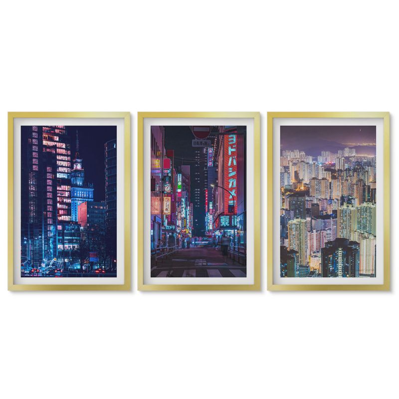 Obrazy w złotej ramie Tulup 40x60 cm Nocne miasto neonowe światła Obrazy do kuchni w ramie 1 kpl