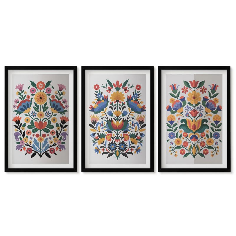 Zestaw 3 obrazów w czarnych ramach Tulup 40x60 cm Kwiatowe wzory intensywne kolory Obrazy do kuchni w ramie 1 kpl