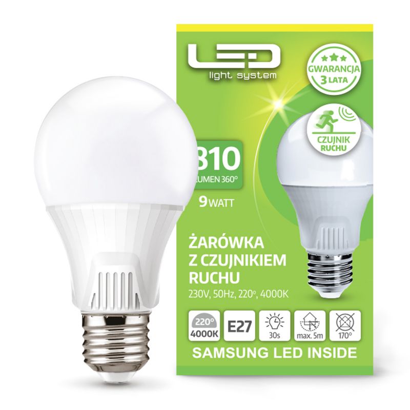 Żarówka LED 9W z czujnikiem ruchu i zmierzchu LLs 4000K 5szt.