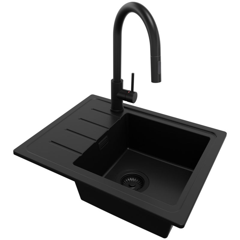 Zlewozmywak Granitowy Kopenhaga Easy PRIMAGRAN Nablatowy 55x44cm do Szafki od 45cm, Cały Czarny + Bateria + Syfon, S020, 1 szt.
