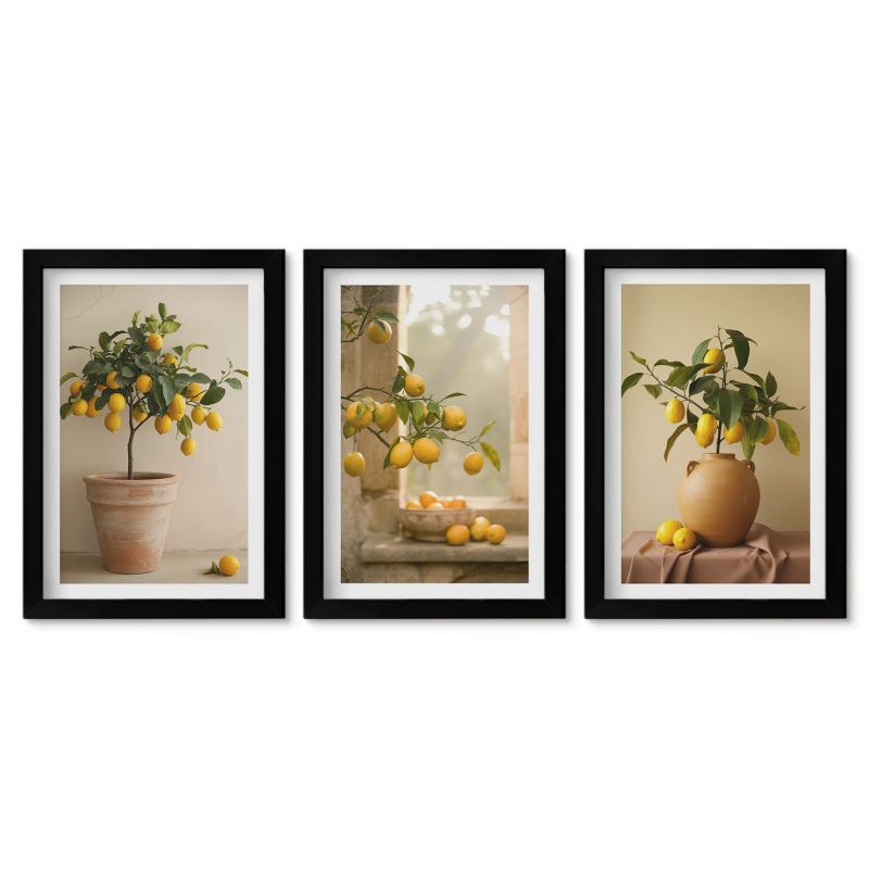 Tryptyk w czarnej ramie Tulup 20x30 cm Cytrynowe drzewka w donicach Małe obrazy do kuchni w ramie 1 kpl