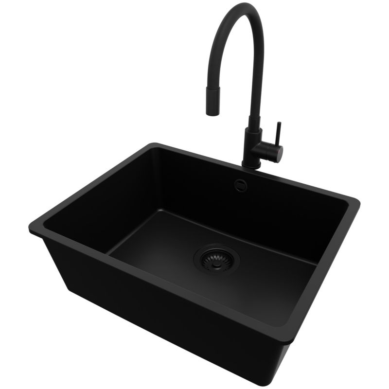 Zlew Granitowy Narożny Wenecja Easy Slim PRIMAGRAN Nablatowy 56x44cm, Cały Czarny + Bateria + Syfon, S088, 1 szt.