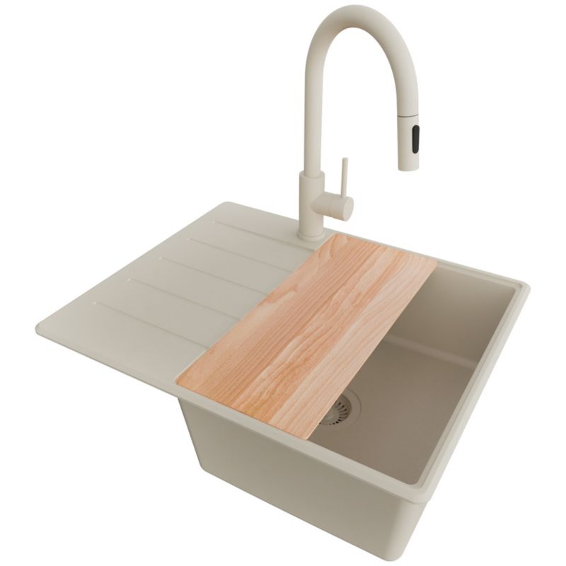 Zlew Granitowy Narożny Kopenhaga PRIMAGRAN Nablatowy 62x50cm, Cały Beżowy + Bateria + Syfon + Akcesorium, S270, 1 szt.