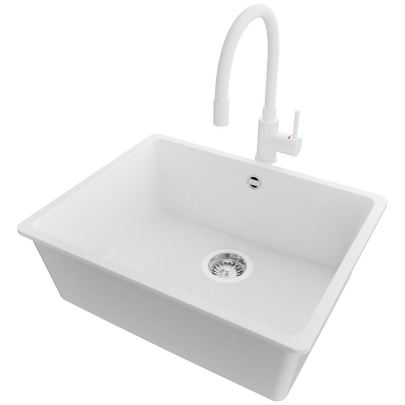Zlew Granitowy Narożny Wenecja Easy Slim PRIMAGRAN Nablatowy 56x44cm do Szafki od 60cm, Biały + Bateria + Syfon, S089, 1 szt.