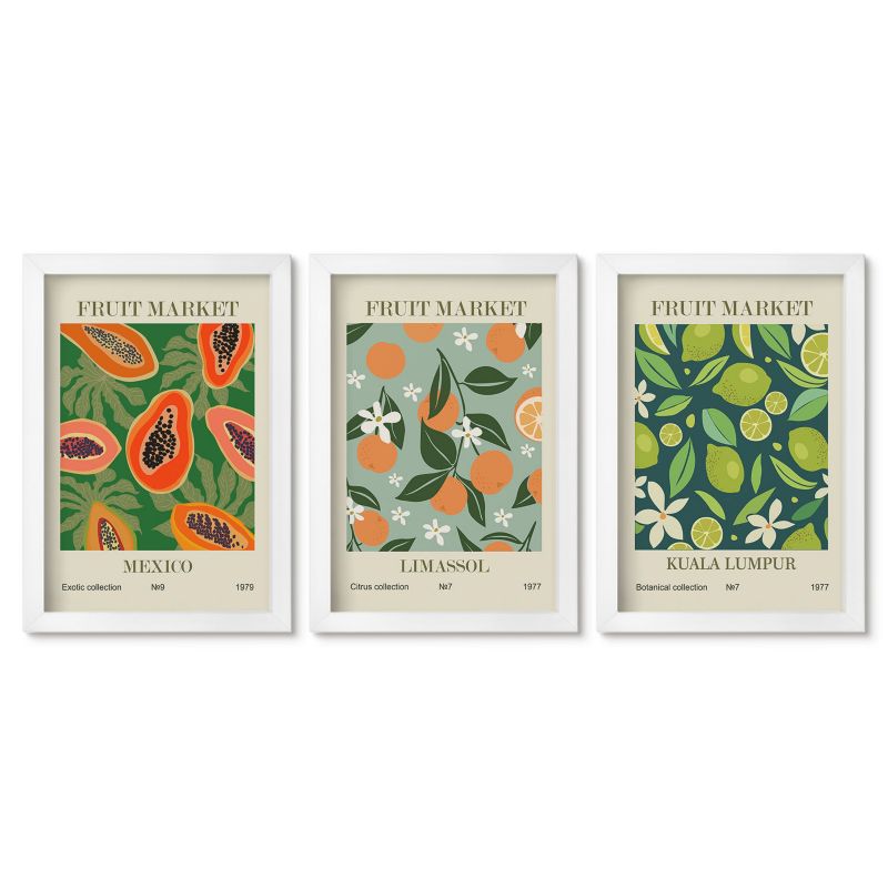Zestaw 3 obrazów w białej ramie Tulup 20x30 cm Owocowe vintage postery Małe obrazy do kuchni w ramie 1 kpl