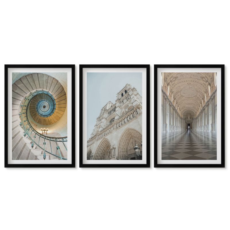 Zestaw 3 obrazów w czarnych ramach Tulup 40x60 cm Schody spiralne katedry fasada Obrazy do kuchni w ramie 1 kpl
