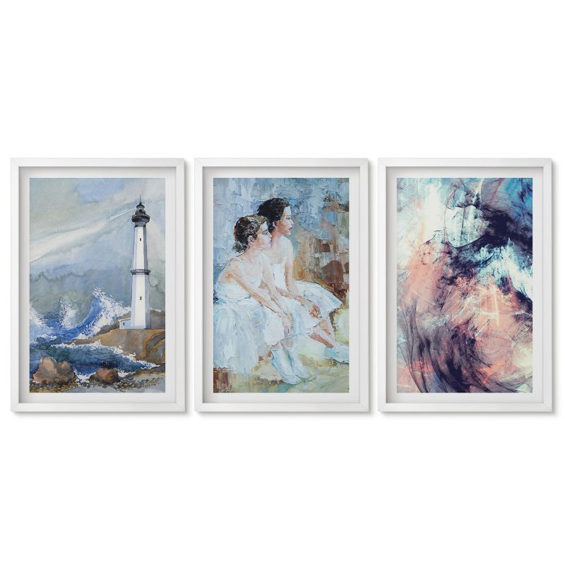 Tryptyk w białej ramie Tulup 40x60 cm Latarnia morska abstrakcja tancerki Obrazy do kuchni w ramie 1 kpl