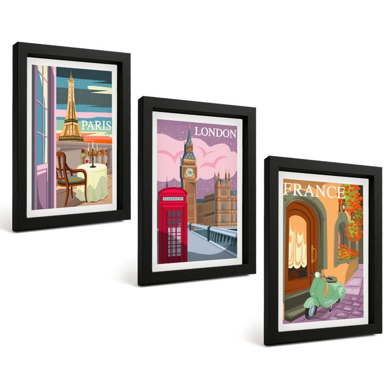 Zestaw Obrazów 3 Częściowy ArtPrintCave Czarne Ramki 20x30 cm Dekoracja do Sypialni Widoki Paryż Londyn retro 1 kpl.