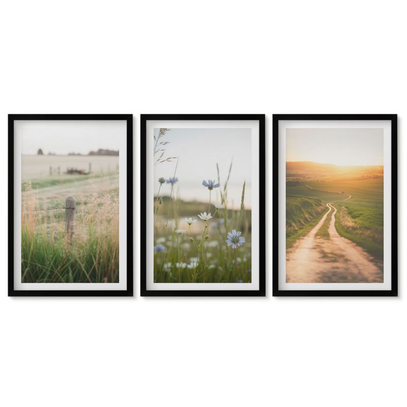 Zestaw 3 obrazów w czarnej ramie Tulup 40x60 cm Krajobrazy natury pola ścieżka Obrazy do kuchni w ramie 1 kpl
