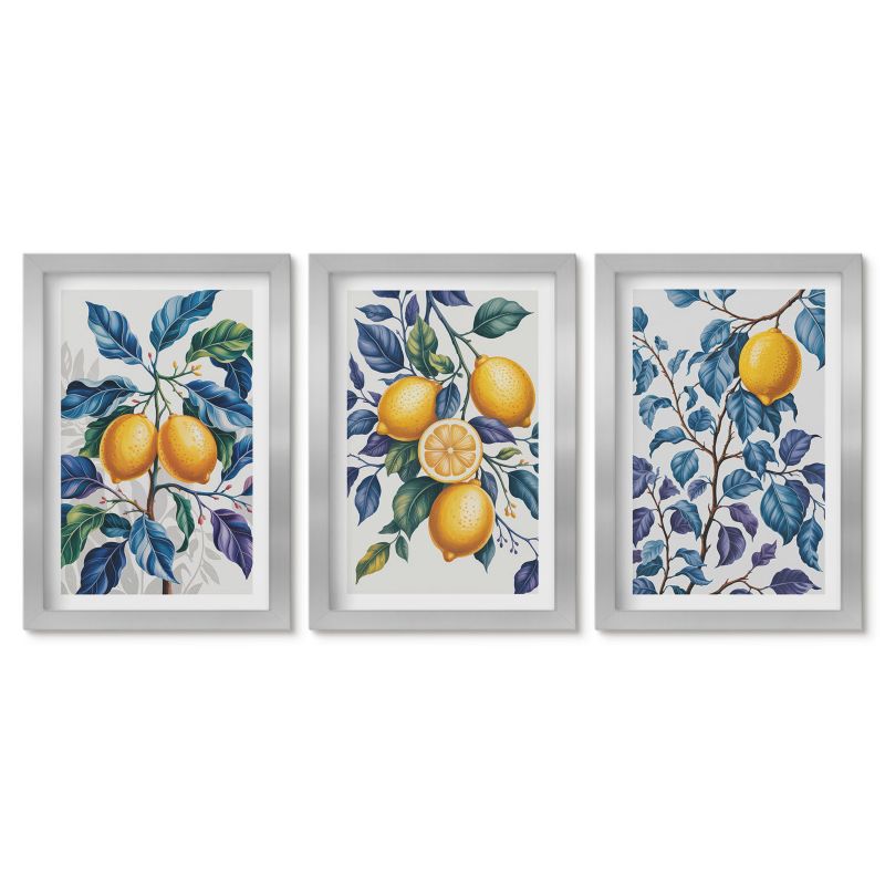 Komplet obrazów srebrna rama Tulup 20x30 cm Cytryny gałęzie błękitne liście Małe obrazy do kuchni w ramie 1 kpl
