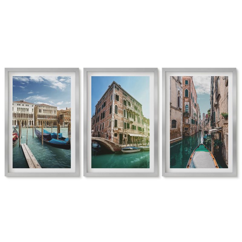 Trzy obrazy w srebrnej ramie zestaw Tulup 40x60 cm Wenecja kanały architektura Obrazy do kuchni w ramie 1 kpl