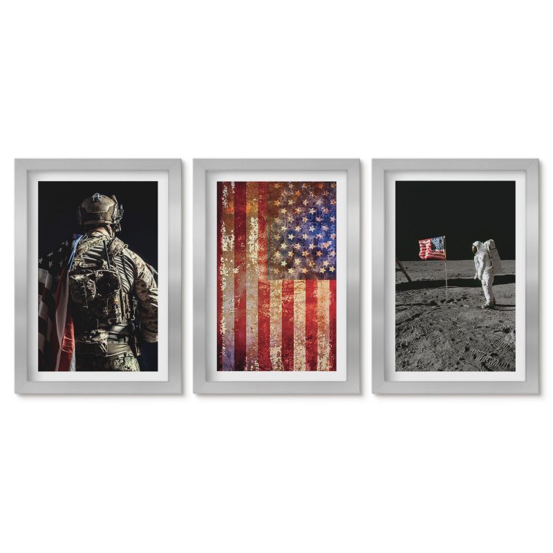 Trzy obrazy w srebrnej ramie zestaw Tulup 20x30 cm Amerykańskie symbole flaga USA Małe obrazy do kuchni w ramie 1 kpl