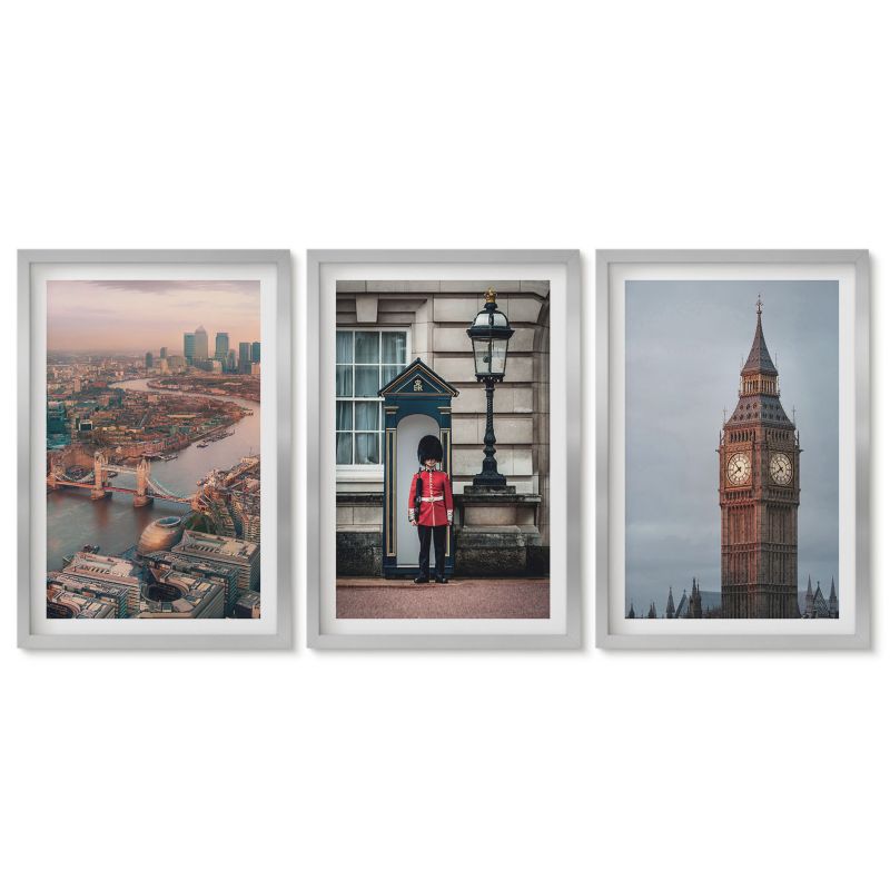 Zestaw 3 obrazów w srebrnej ramie Tulup 40x60 cm Londyn most strażnik Big Ben Obrazy do kuchni w ramie 1 kpl