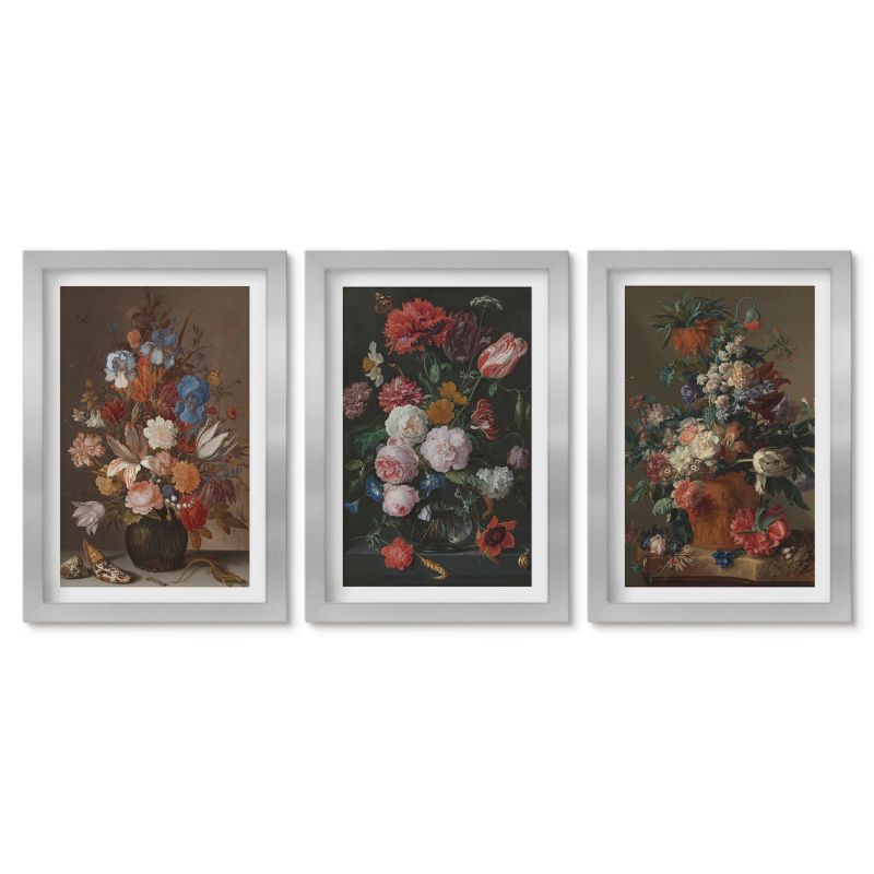Tryptyk w srebrnej ramie Tulup 20x30 cm Kwiaty w wazonach kompozycje Małe obrazy do kuchni w ramie 1 kpl