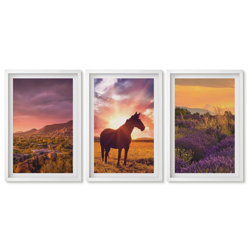 Zestaw 3 obrazów w białych ramach Tulup 40x60 cm Krajobraz górski z koniem Obrazy do kuchni w ramie 1 kpl