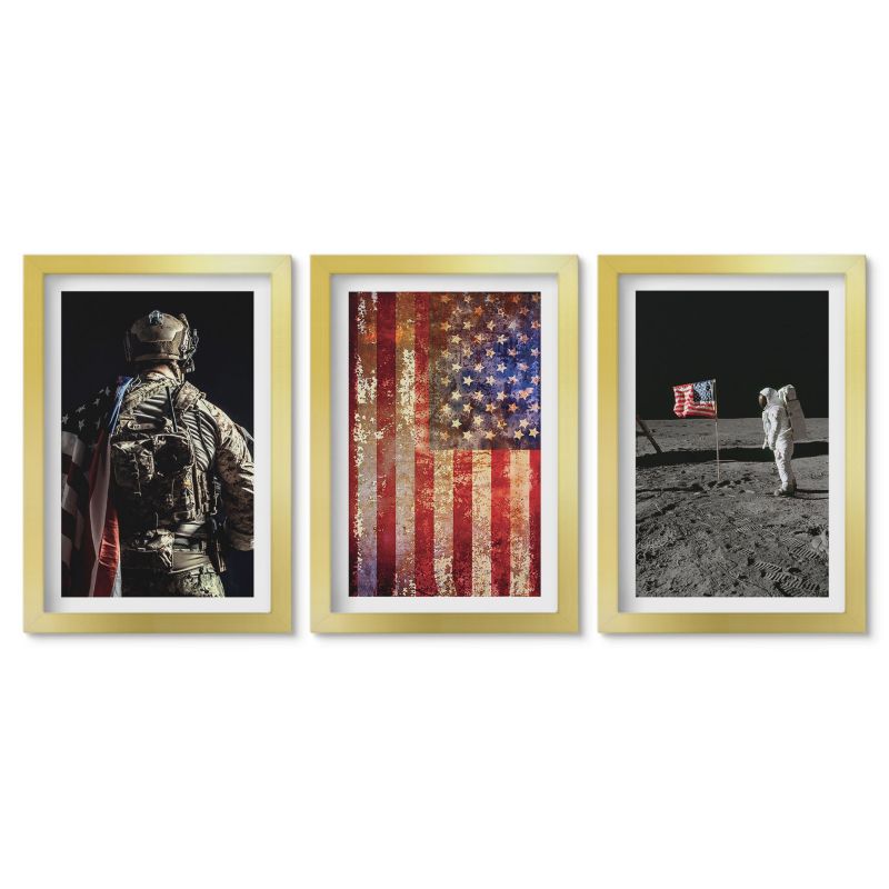 Trzy obrazy w złotej ramie zestaw Tulup 20x30 cm Amerykańskie symbole flaga USA Małe obrazy do kuchni w ramie 1 kpl