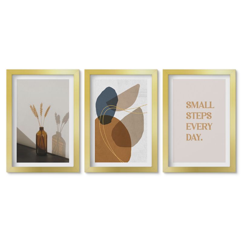 Trzy obrazy w złotej ramie zestaw Tulup 20x30 cm Abstrakcyjne kształty zestaw Małe obrazy do kuchni w ramie 1 kpl