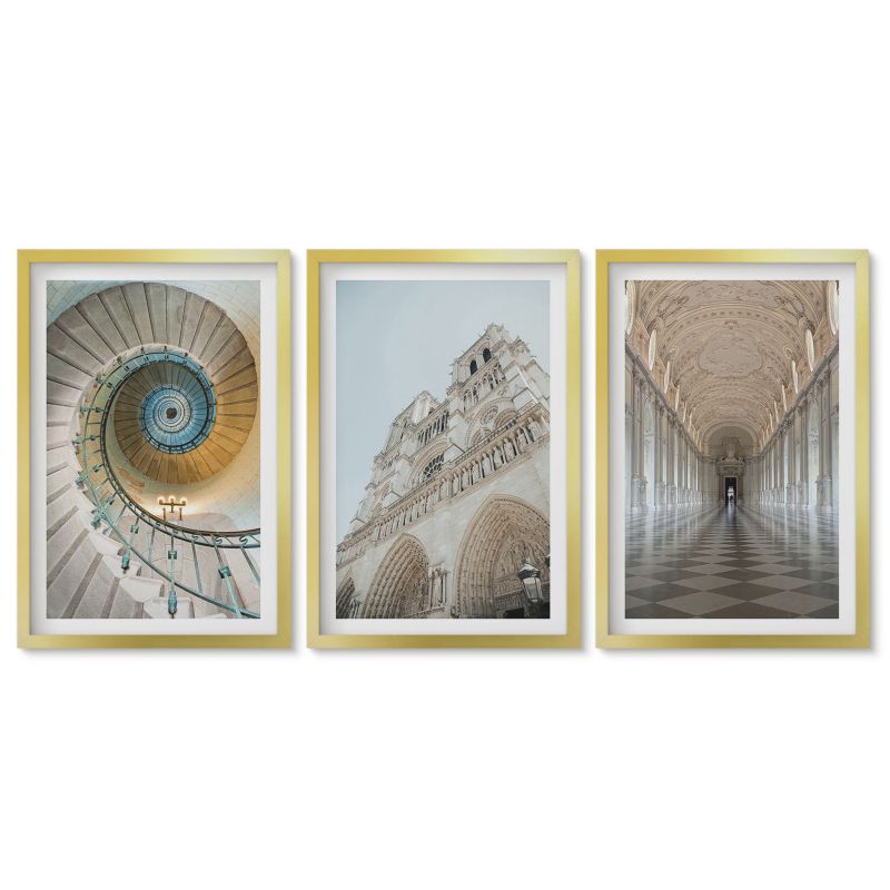 Zestaw 3 obrazów w złotych ramach Tulup 40x60 cm Schody spiralne katedry fasada Obrazy do kuchni w ramie 1 kpl