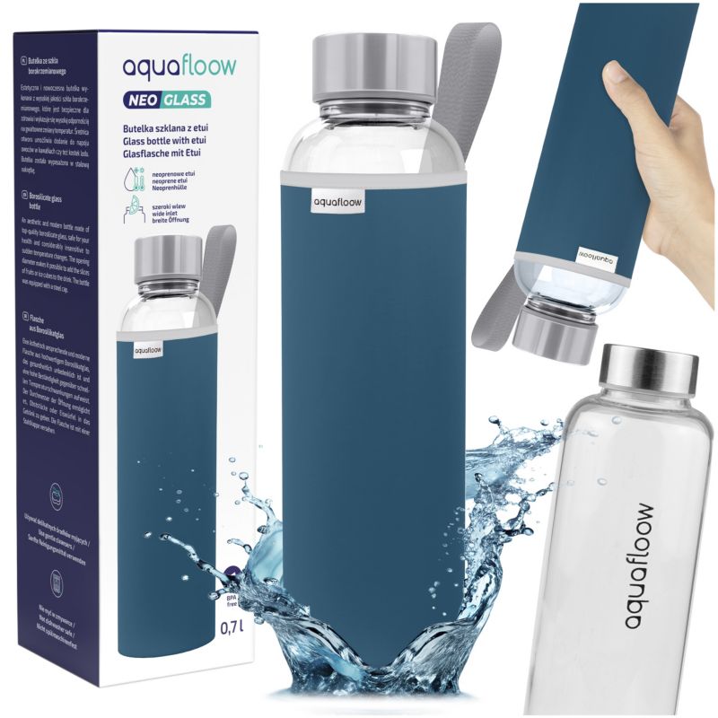 Butelka na wodę, AquaFloow, szklana, z neoprenowym etui, 700ml, bez BPA, szkło borokrzemowe, szczelna, niebieski, 1szt