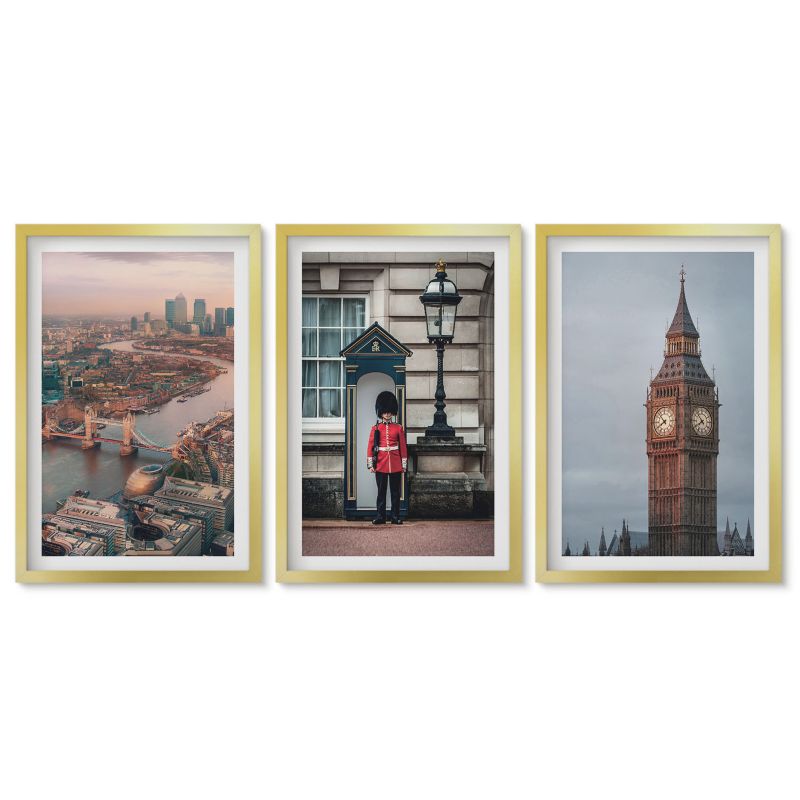 Zestaw 3 obrazów w złotej ramie Tulup 40x60 cm Londyn most strażnik Big Ben Obrazy do kuchni w ramie 1 kpl