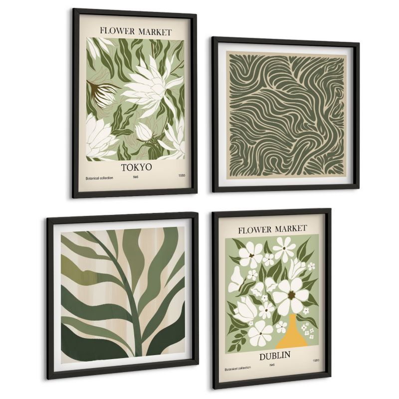 Zestaw Obrazów 4 Częściowy ArtPrintCave (2x50x50+2x40x60cm) Czarna rama Roślinne wzory boho dekoracje 1 kpl.