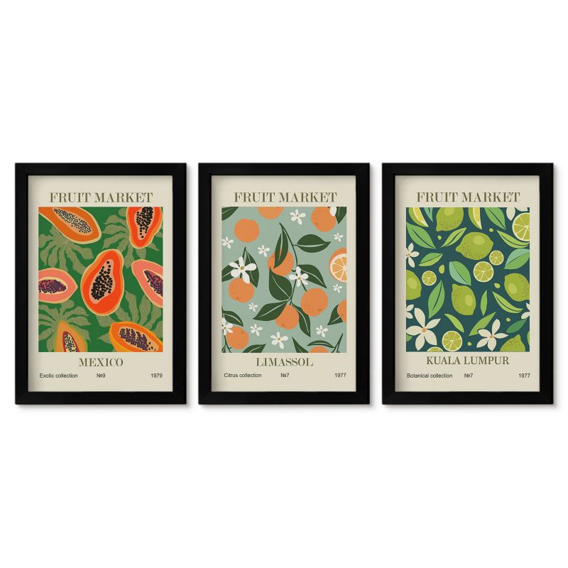 Zestaw 3 obrazów w czarnej ramie Tulup 20x30 cm Owocowe vintage postery Małe obrazy do kuchni w ramie 1 kpl