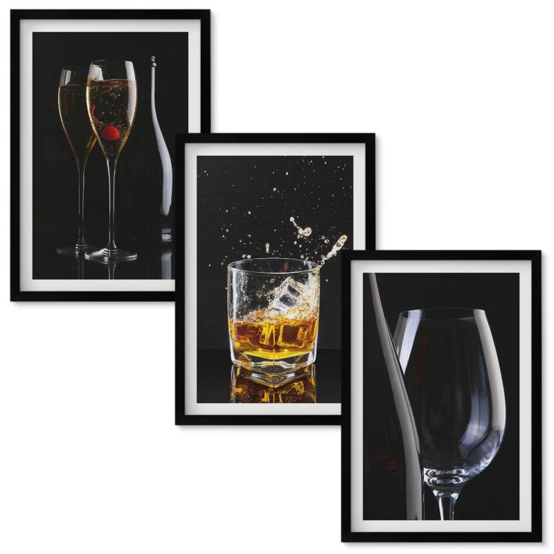 Obrazy do Salonu Wallfluent Kieliszki wina whisky tło czarne Czarna rama 40x60 cm 3 szt.