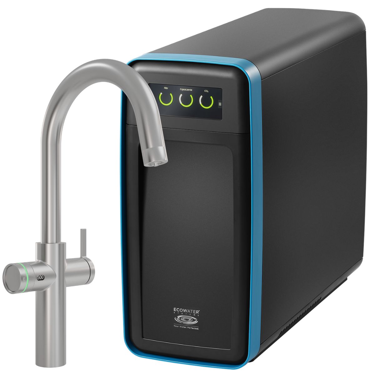 EcoWater OPTIMO Soda Maker dystrybutor wody gazowanej z wylewką ze stali szczotkowanej.