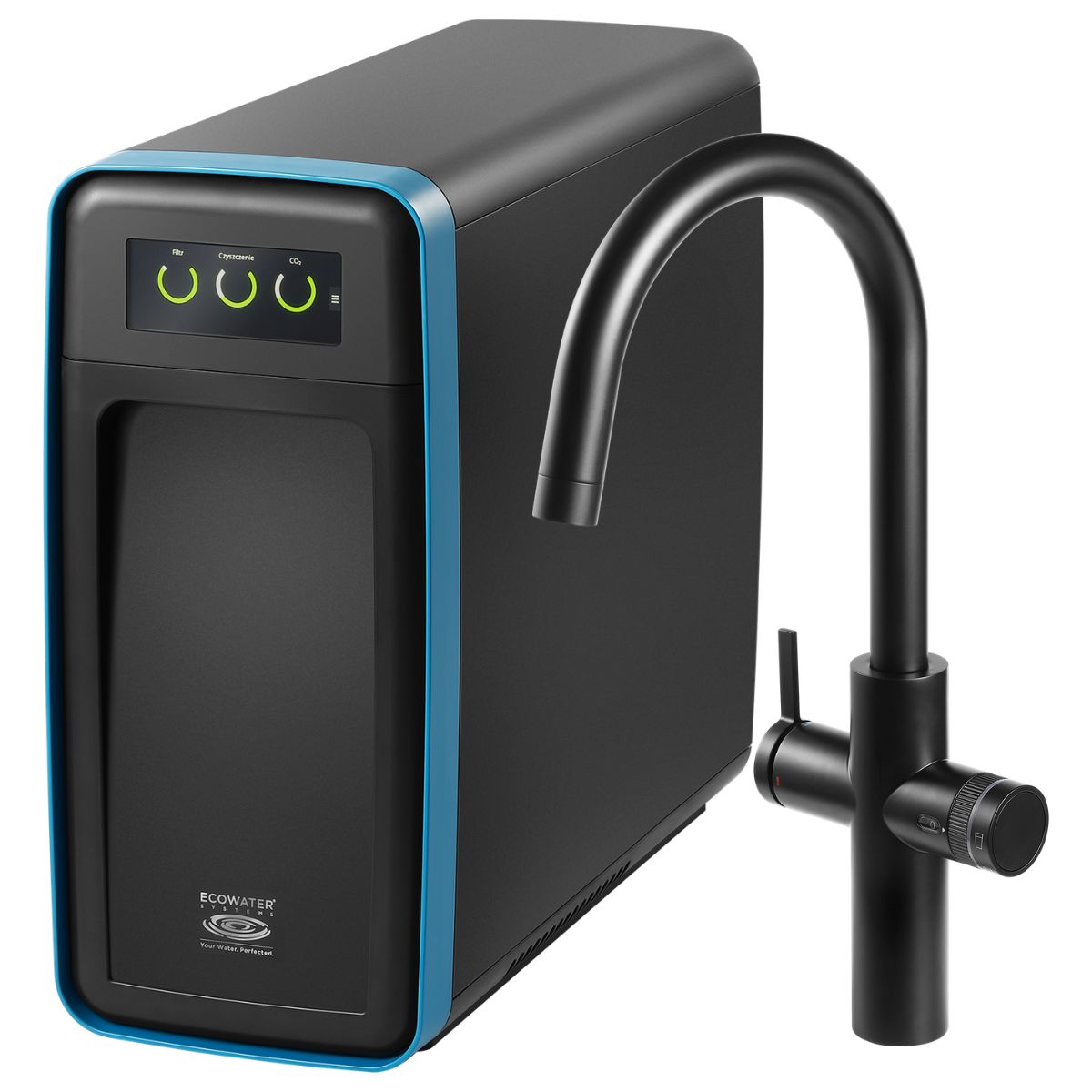 EcoWater OPTIMO Soda Maker dystrybutor wody gazowanej z wylewką w kolorze czarny mat.