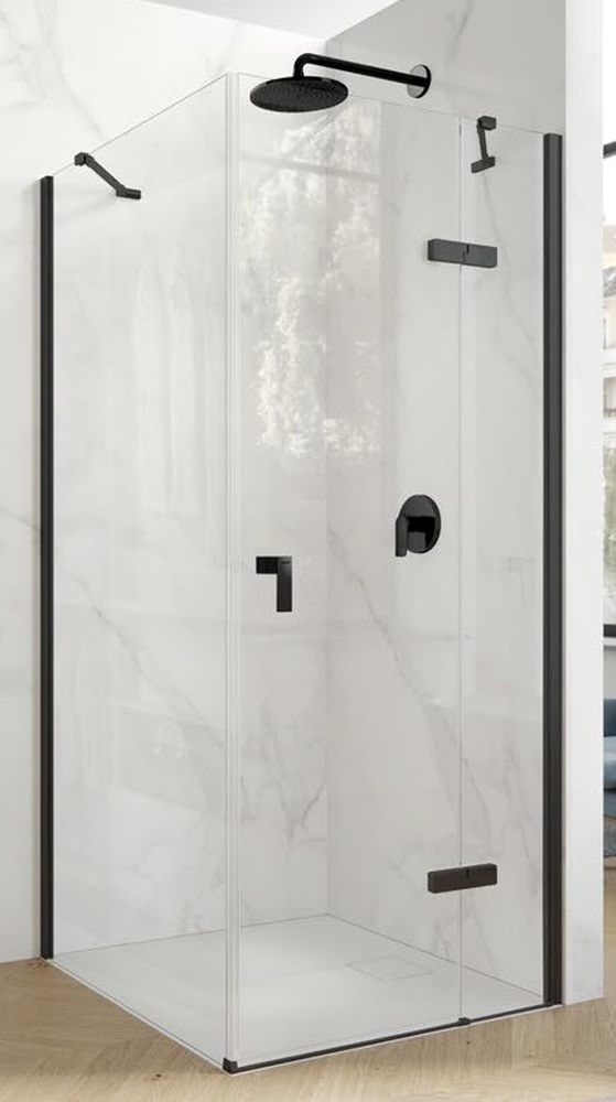 Hüppe Aura pure 4-kąt drzwi prysznicowe 80 cm prawe czarny mat/szkło przezroczyste Anti-Plaque AP0112.123.322