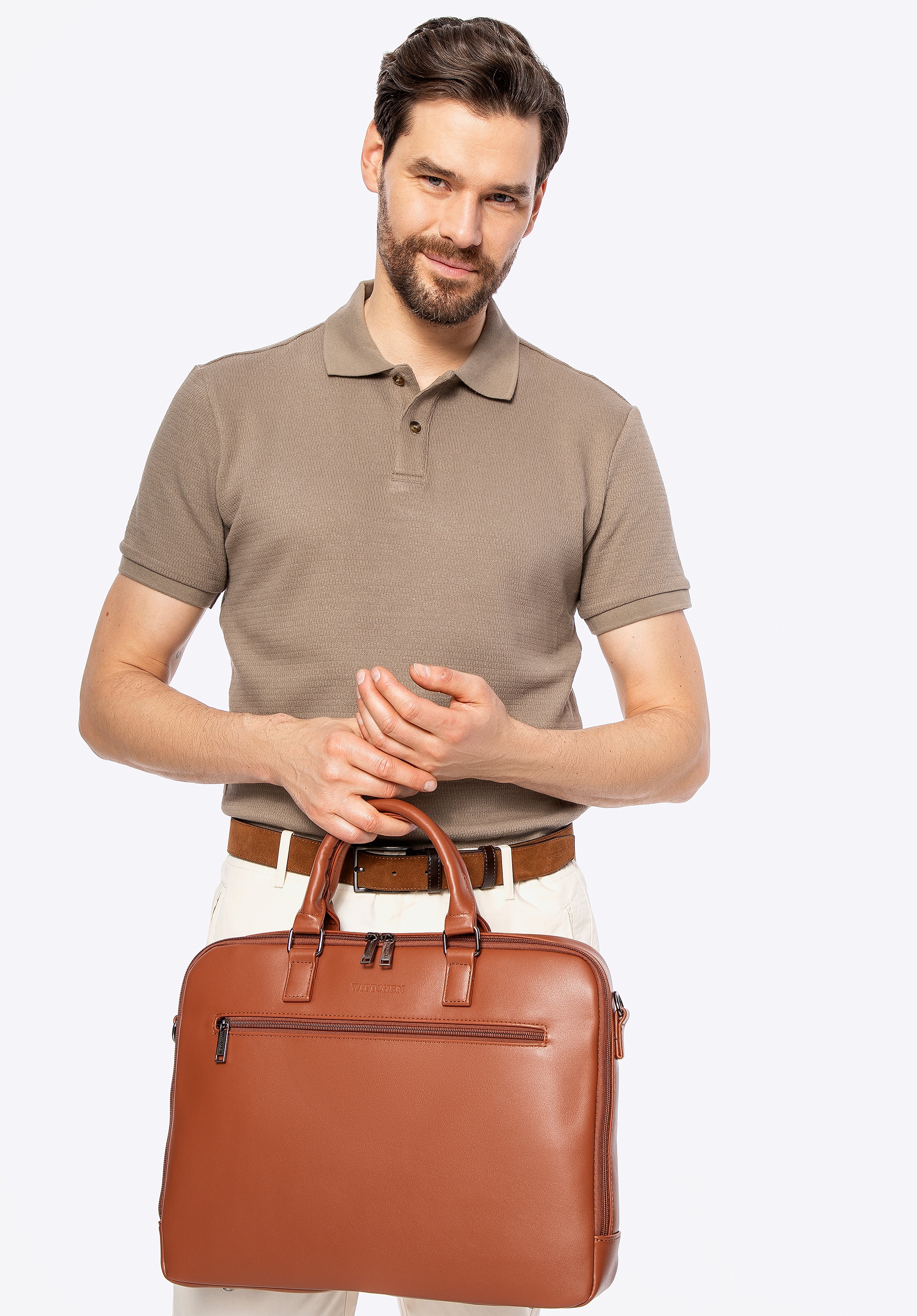 Męska torba na laptopa 16” z imitacji skóry jasny brąz
