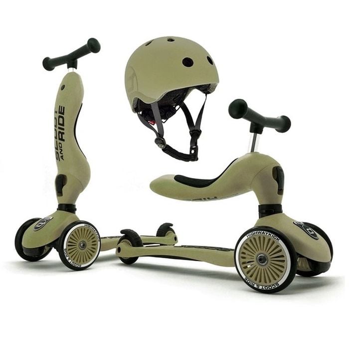 ScootandRide Highwaykick1 - hulajnoga, jeździk 2 w 1+ kask XXS-S-Olive