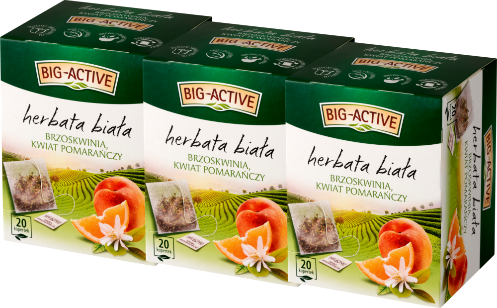 3x Herbata biała smakowa w torebkach Big Active, brzoskwinia i kwiat pomarańczy, 20 sztuk x 1.5g