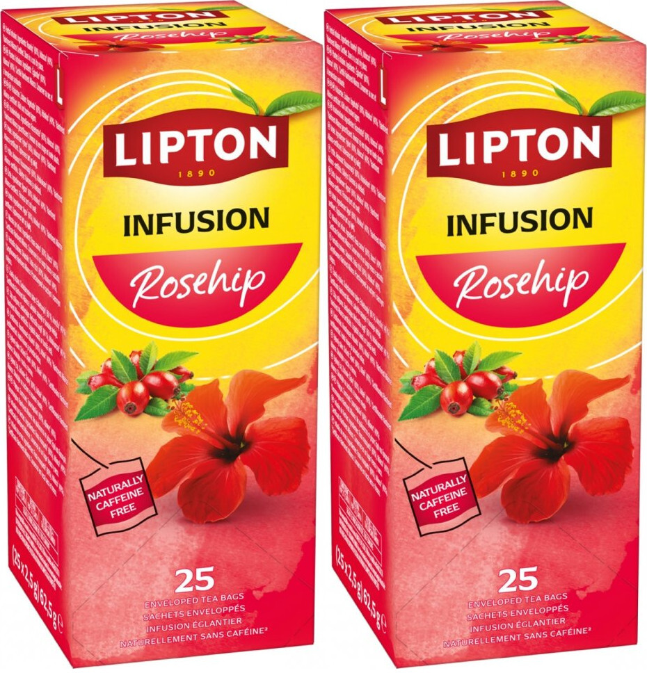 2x Herbata owocowa w kopertach Lipton Classic, dzika róża i hibiskus, 25 sztuk x 2.5g