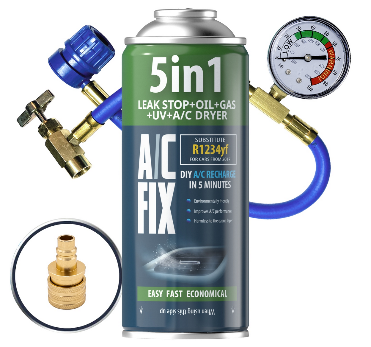 AC FIX CZYNNIK CHŁODNICZY KLIMATYZACJI 5W1 GAZ R1234YF + PRZEWÓD + ADAPTER - Petrostar