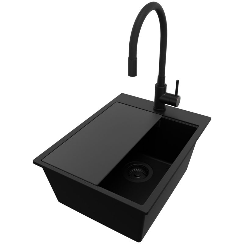 Zlewozmywak Granitowy Oslo Top PRIMAGRAN Nablatowy 38x50cm do Szafki od 40cm, Cały Czarny + Bateria + Syfon + Deska, S110, 1 szt.